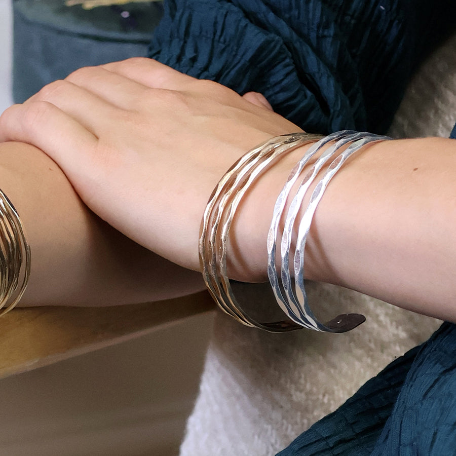 Gold Plated Worn Hammered Triple Strand Bangle
