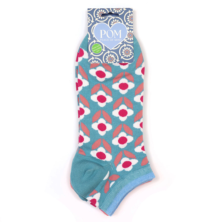 Turquoise and pink mix retro flower trainer socks duo