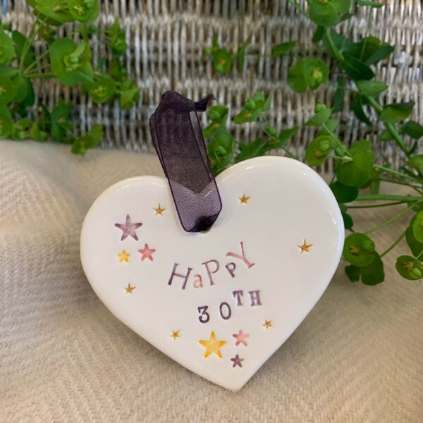 Handmade Hanging Ceramic Heart with Thoughtful Message - 30th Birthday