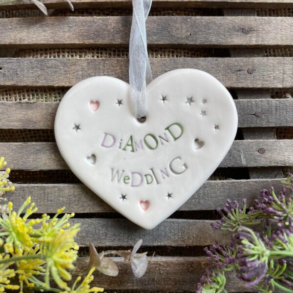 Handmade Hanging Ceramic Heart with Thoughtful Message - 60th Diamond Wedding Anniversary