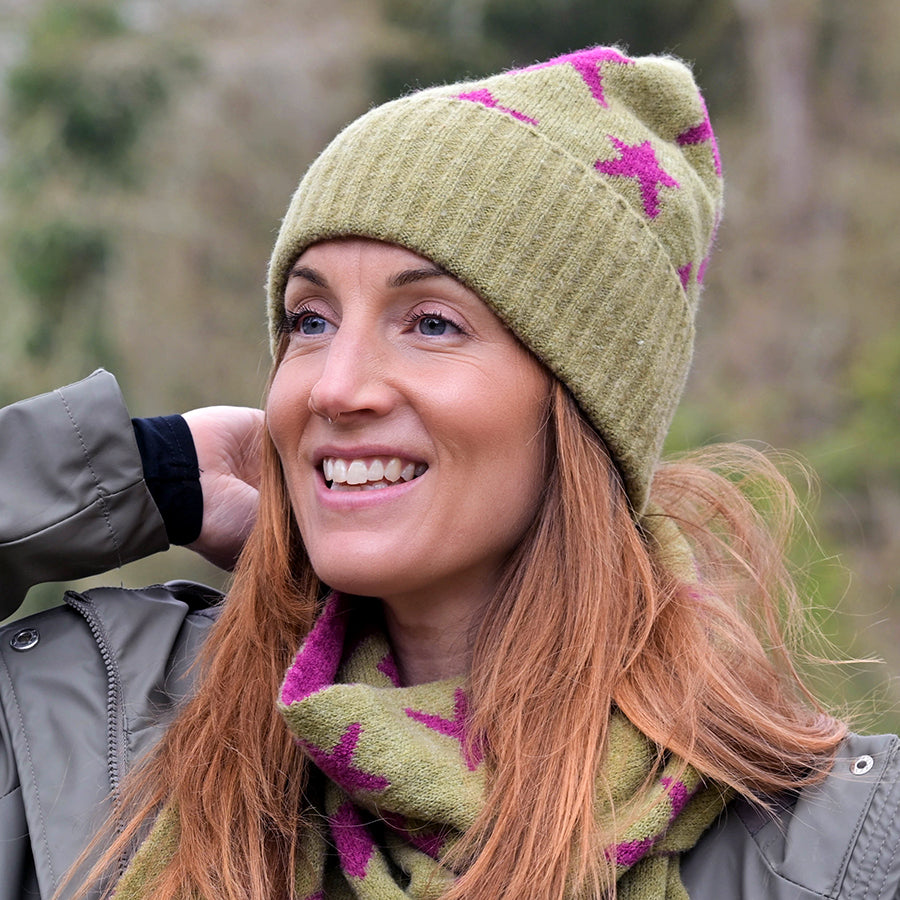 Estelle olive green beanie with magenta stars