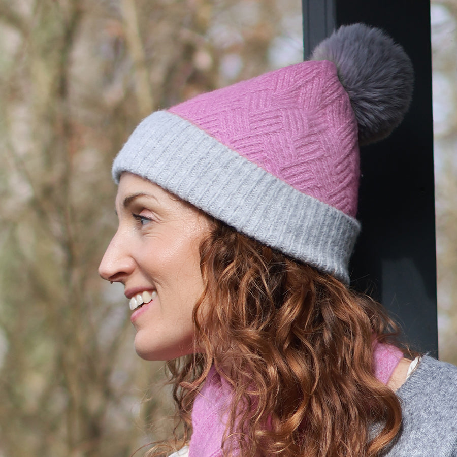 Margot pastel pink and grey basket weave bobble hat