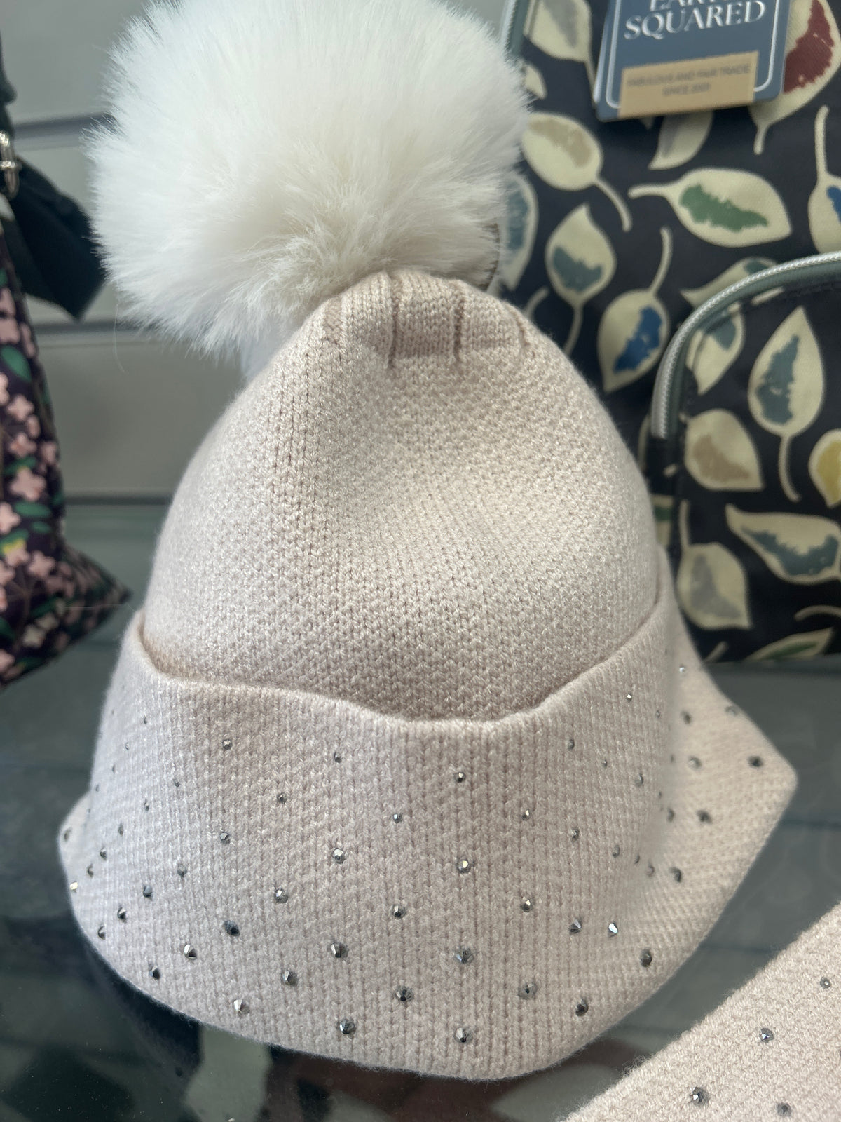 POM Cream Bobble Hat with Studded Trim