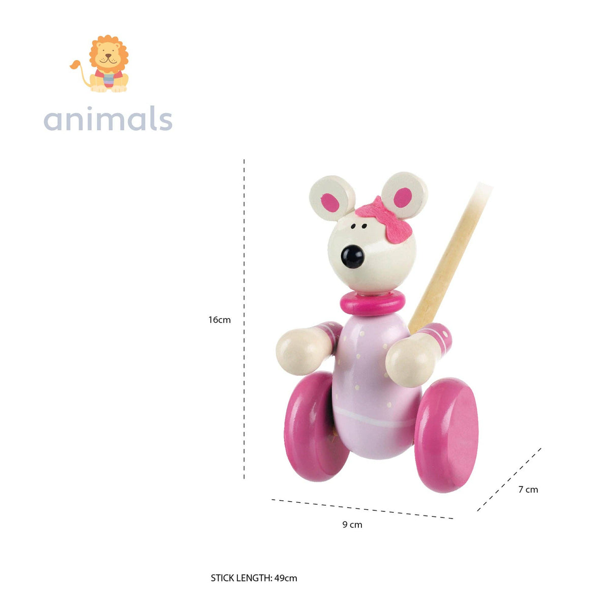Wooden Pink Mouse Push Along Toy