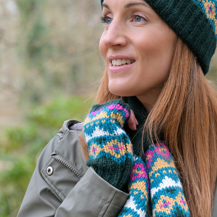 Valentina dark green mix chunky knit wrist warmers