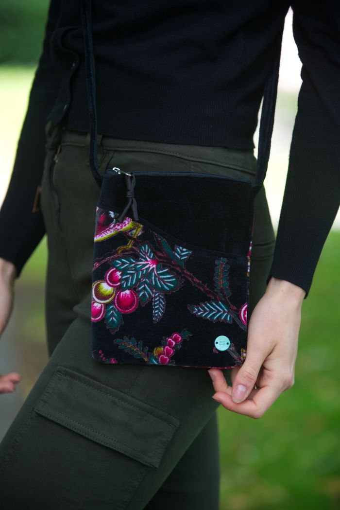 Earth Squared Black Printed Velvet Sling Bag