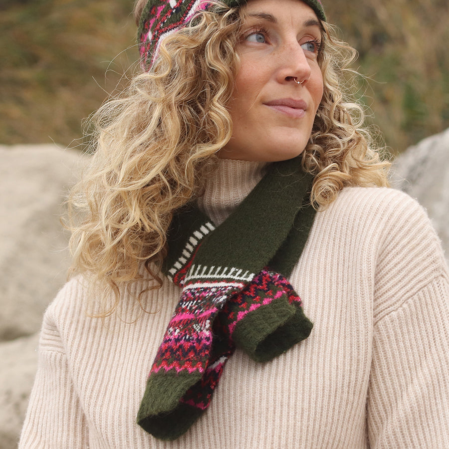Dark Khaki Fair Isle Pull Through Scarf
