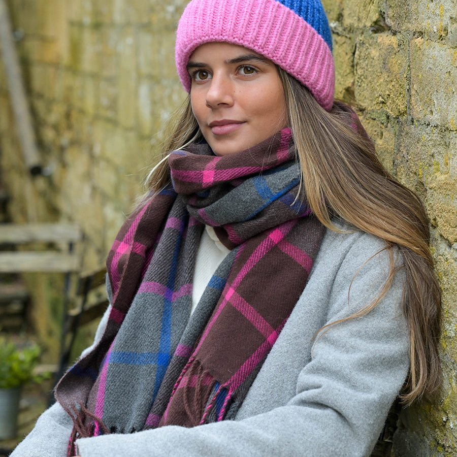 Grey & Purple Check Scarf with Tassel Fringe