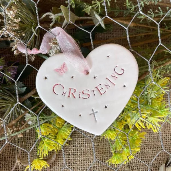 Handmade Hanging Ceramic Heart with Thoughtful Message - Christening Pink