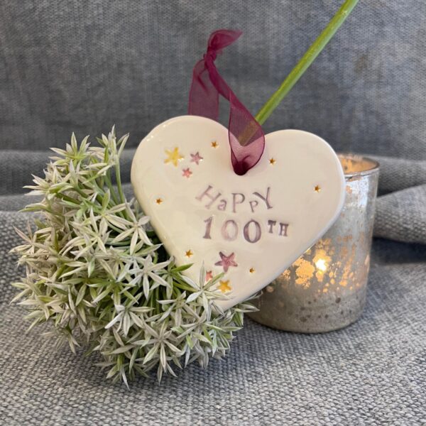 Handmade Hanging Ceramic Heart with Thoughtful Message - 100th Birthday