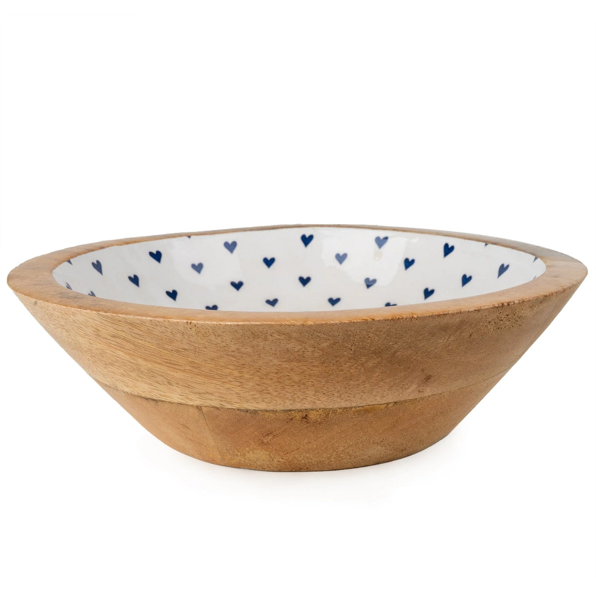 Large Mango Wood Bowl with Enamel Blue Heart Print