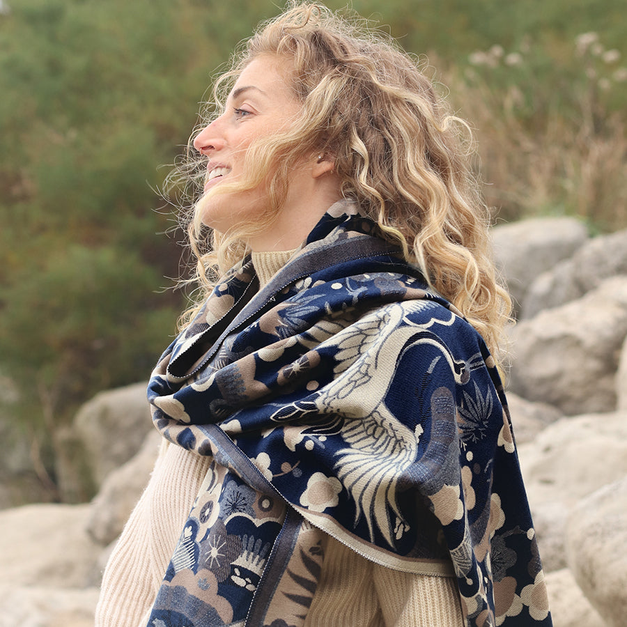 Navy Blue Crane & Floral Jacquard Scarf