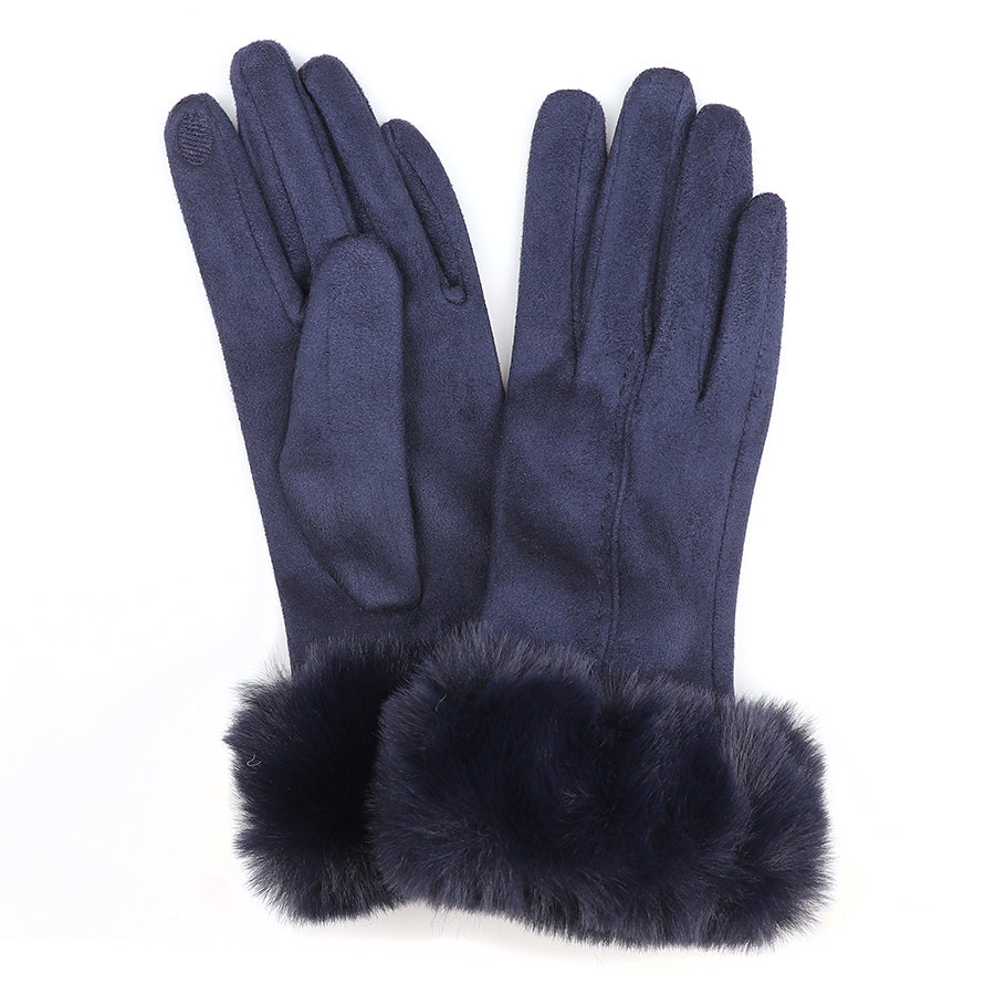 Navy Faux Suede Gloves with Faux Fur Wrist Cuff
