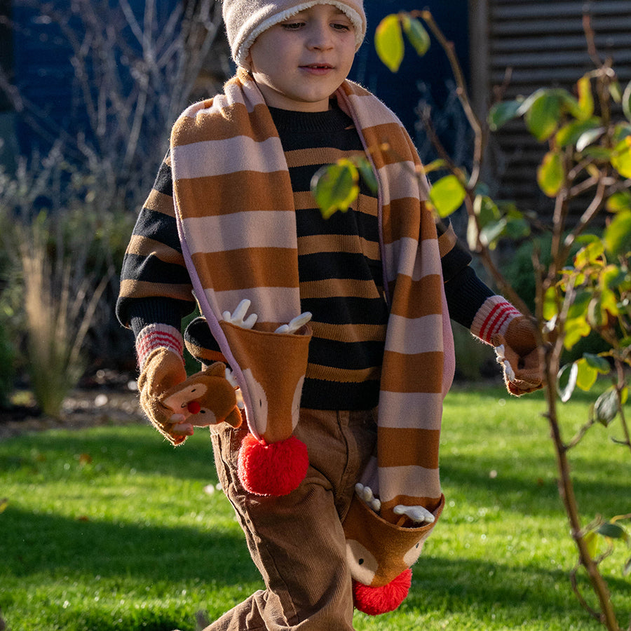 Merry and bright - stripe scarf with dasher reindeer pockets