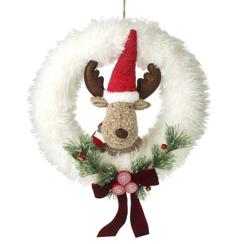 Reindeer in Fluffy White Christmas Wreath, 41cm