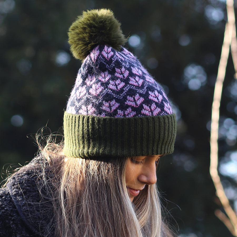 Lilac & Khaki Scandi Flower Bobble Hat