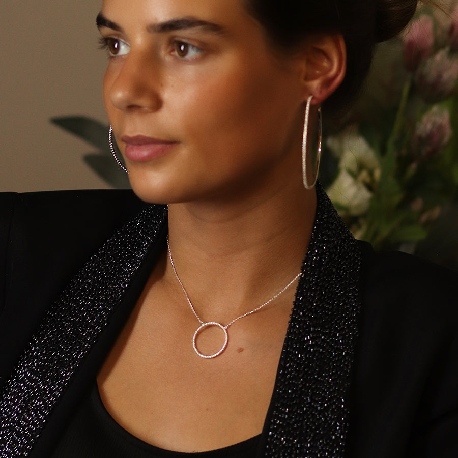 Silver Plated Pave Crystal Hoop Pendant Necklace