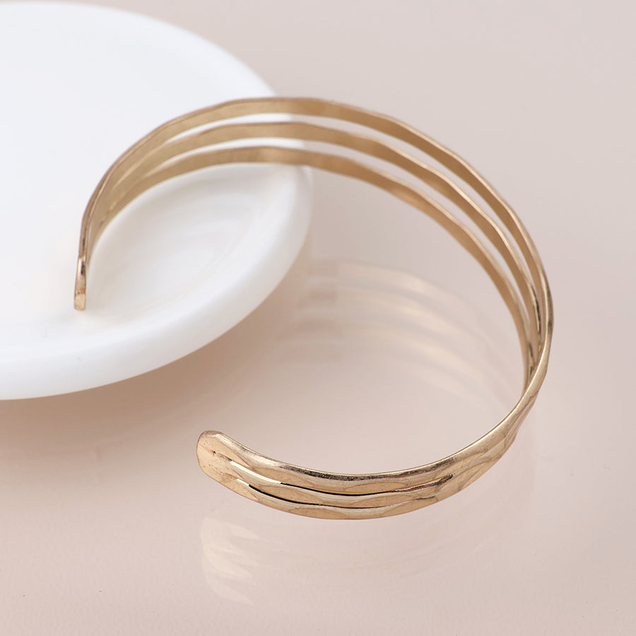 Gold Plated Worn Hammered Triple Strand Bangle