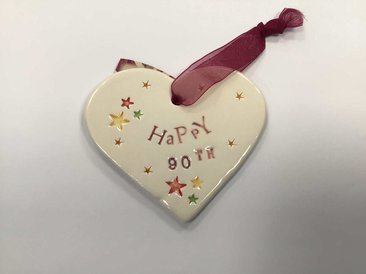 Handmade Hanging Ceramic Heart with Thoughtful Message - 90th Birthday