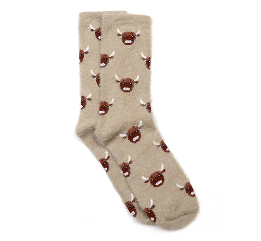 Warm taupe fluffy highland cow socks