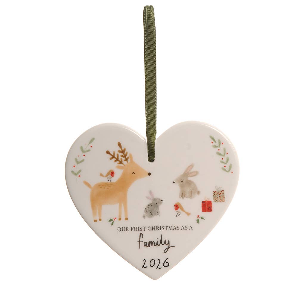 First Christmas as a Family Reindeer & Rabbit 2026 ceramic heart decoration