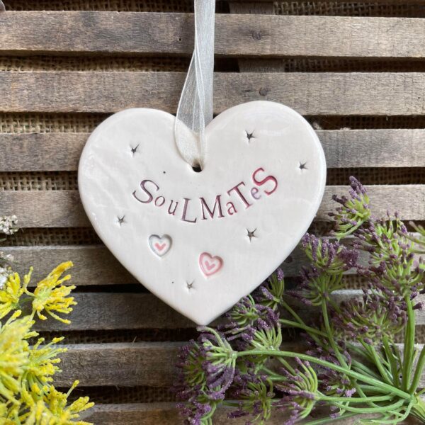 Handmade Hanging Ceramic Heart with Thoughtful Message - Soulmates