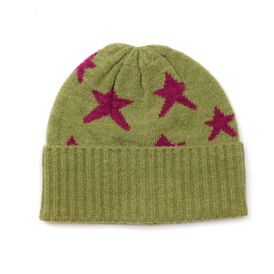 Estelle olive green beanie with magenta stars