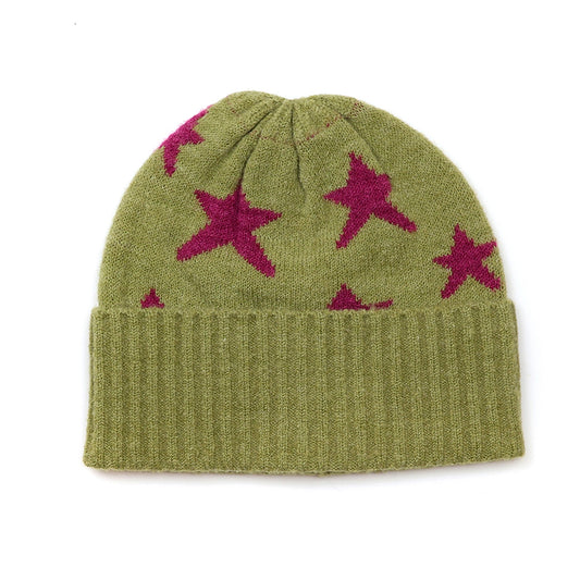 Estelle olive green beanie with magenta stars