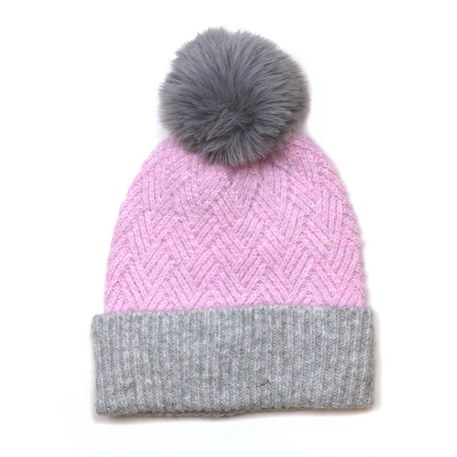 Margot pastel pink and grey basket weave bobble hat