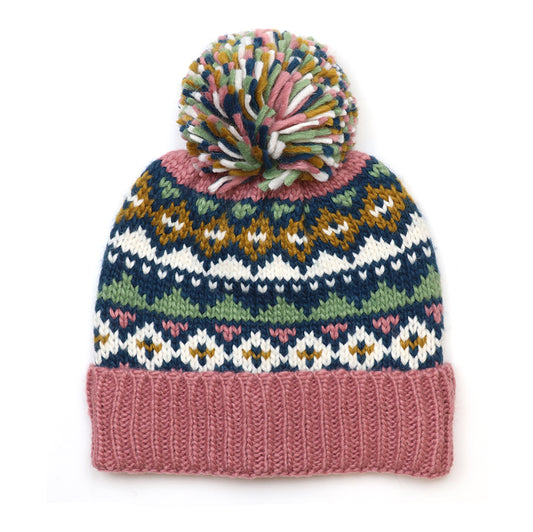 Valentina rose pink,blue and sage mix pattern knit bobble hat