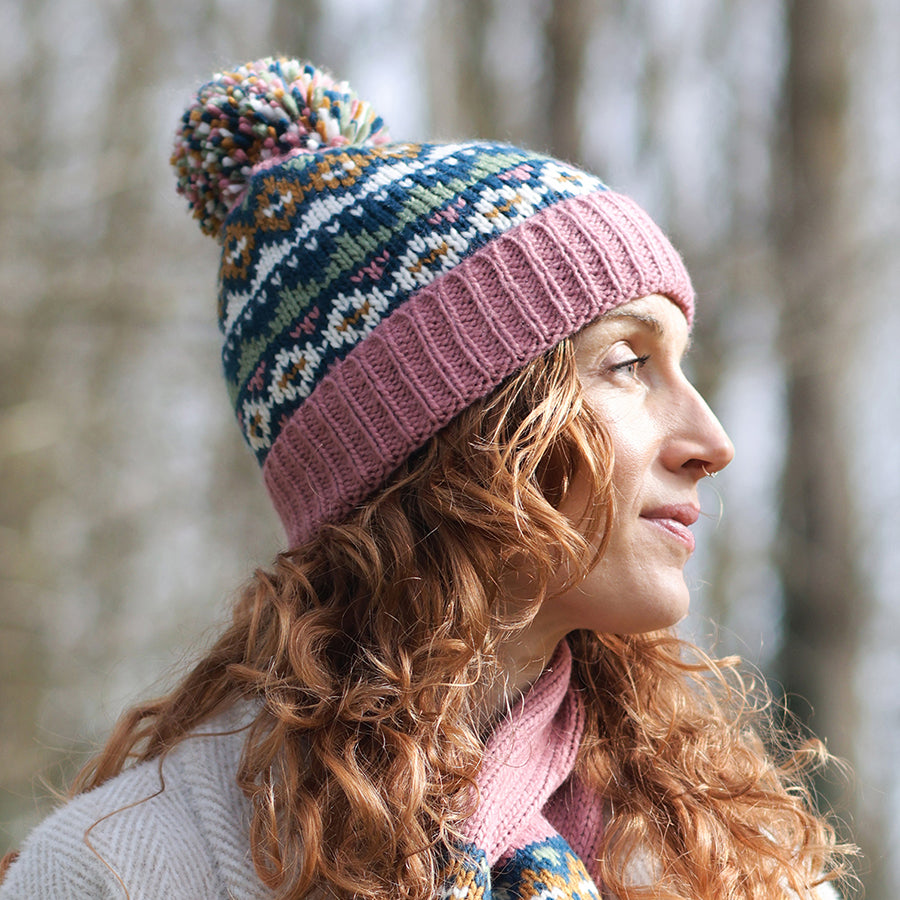 Valentina rose pink,blue and sage mix pattern knit bobble hat