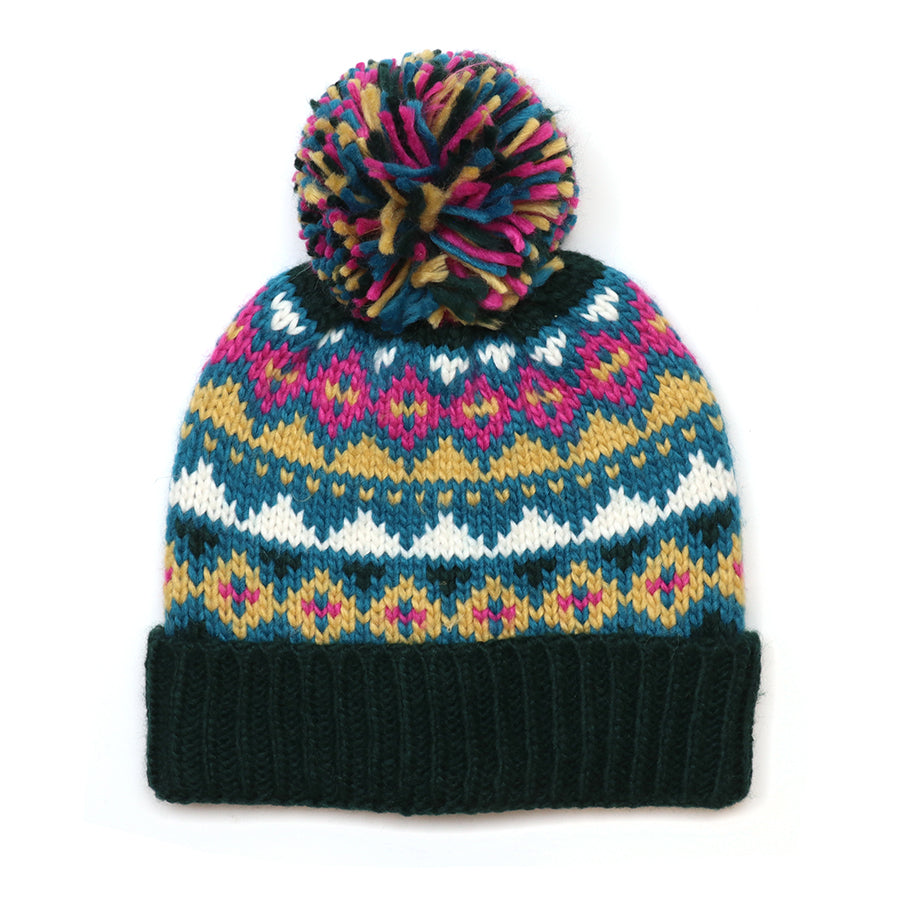 Valentina dark green, camel and pink mix pattern knit bobble hat
