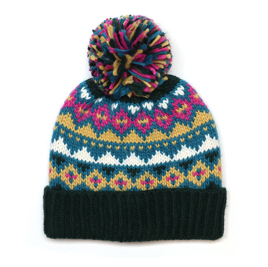 Valentina dark green, camel and pink mix pattern knit bobble hat