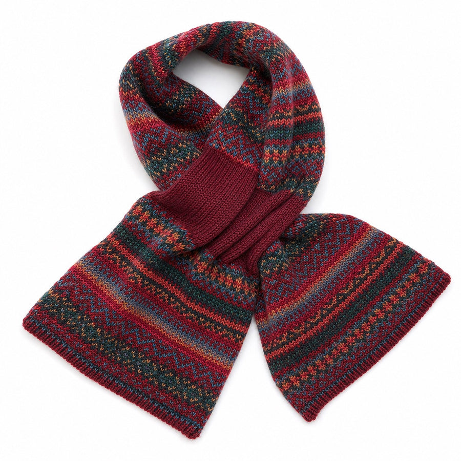 Finola burgundy/teal mix fair isle patterned fine knit scarf