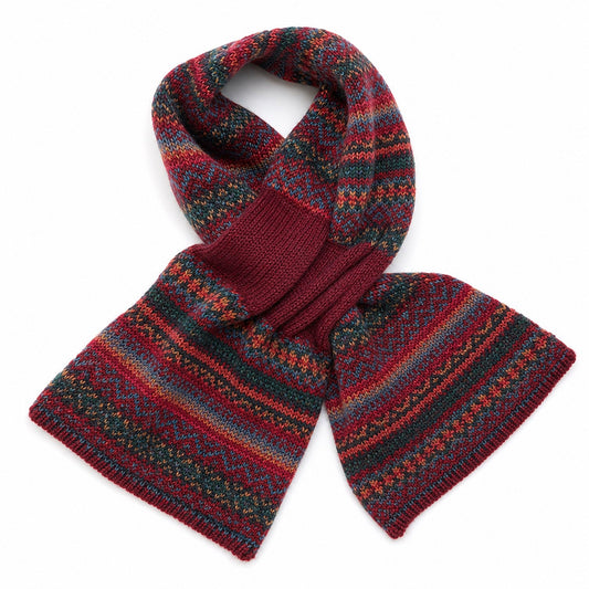 Finola burgundy/teal mix fair isle patterned fine knit scarf
