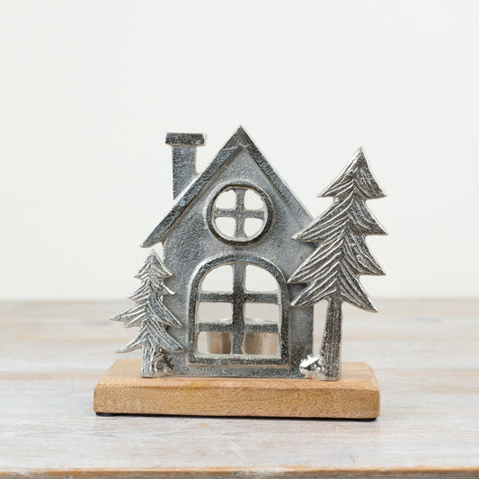 Tealight House on Wooden Base, 15cm