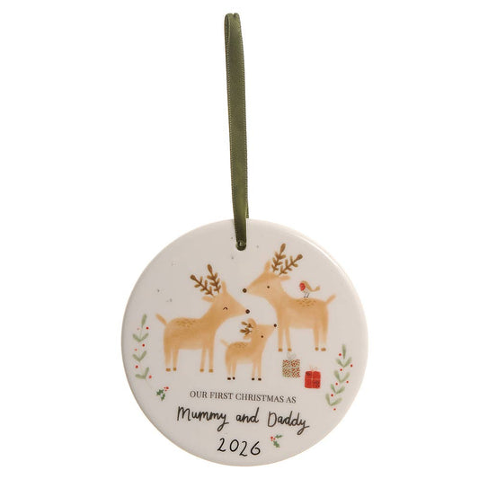 Mummy & Daddy First Christmas Reindeer & Rabbit 2026 ceramic decoration