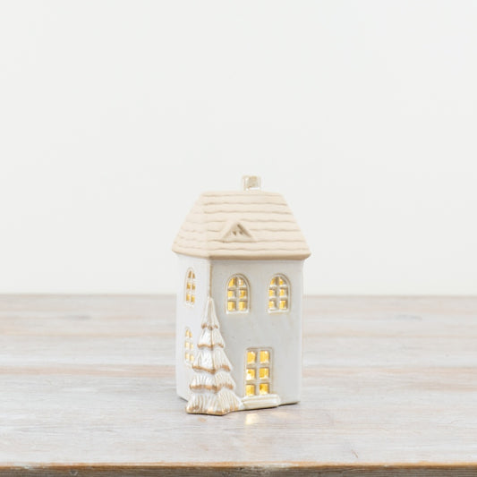 White LED Christmas House with Gold Detail, 14cm