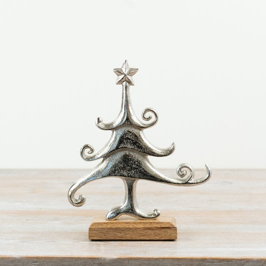 Silver Aluminium Christmas Tree on Wooden Base, 21cm