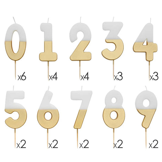 White & Gold Number Birthday Candles Set| 0-9 | 30 Pack |