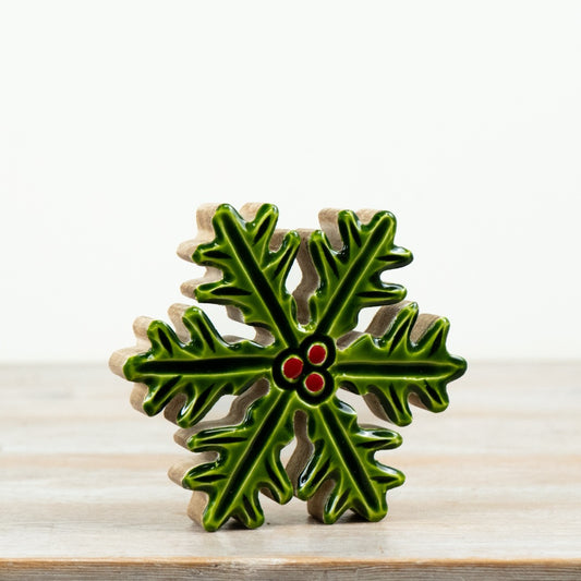 Mango Wood and Enamel Holly Christmas Decoration