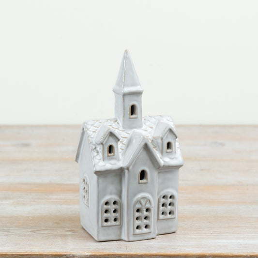 White Ceramic LED Church Christmas Decoration, 20cm