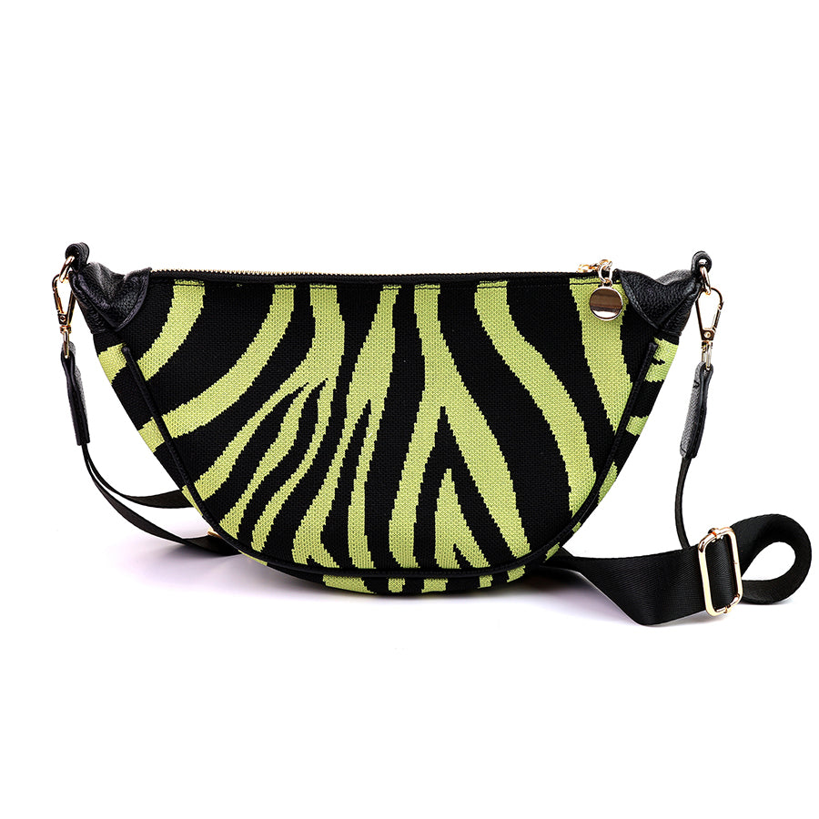 Lime and black zebra print half moon bag