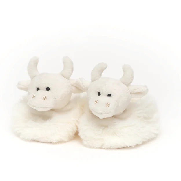 Highland Cow Plush Baby Slippers – Cream, 0-6 Months