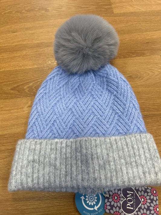 Margot ice blue and grey basket weave bobble hat