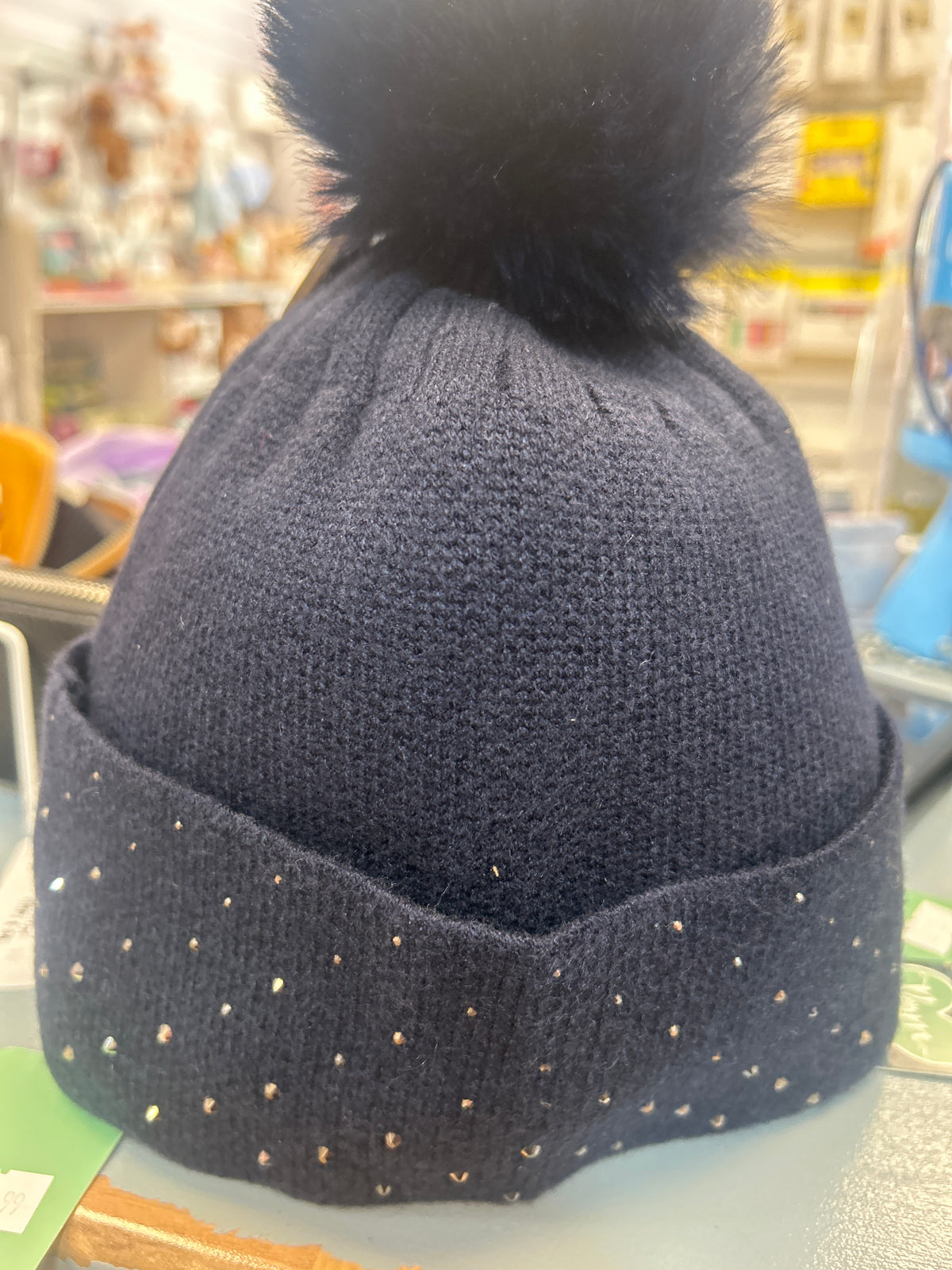 POM Navy Bobble Hat with Studded Trim