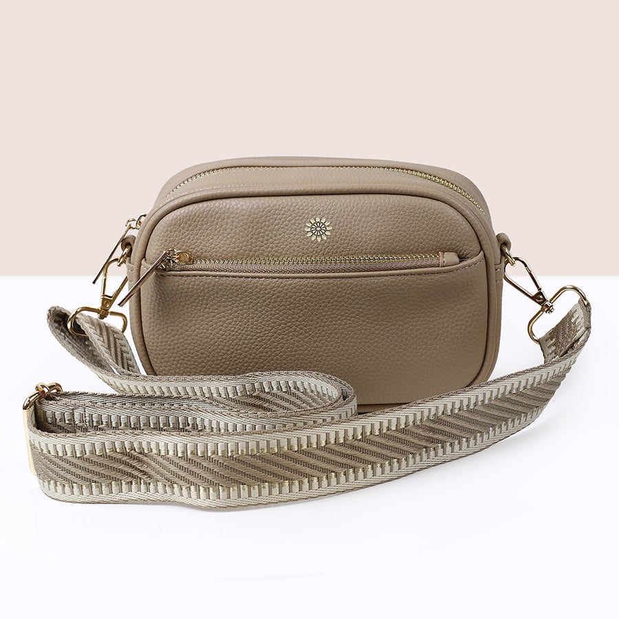 Beige Vegan Leather Crossbody Camera Bag