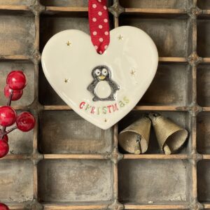 Handmade Hanging Ceramic Heart with Thoughtful Message - Christmas Penguin