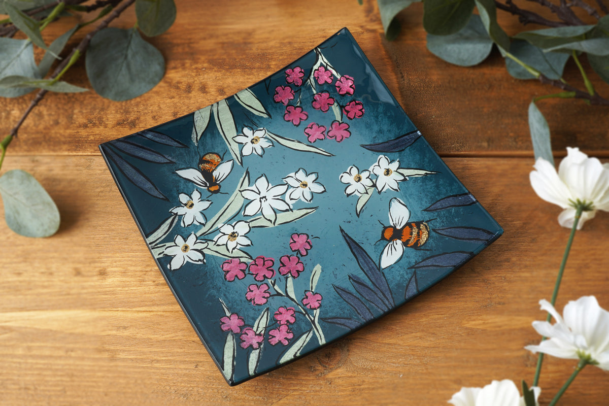 Teal Glass Square Plate – Bee & Floral Decorative Dish
