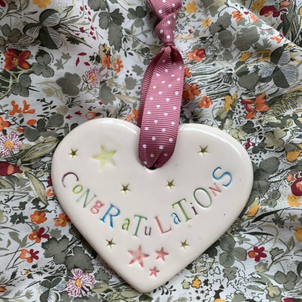Handmade Hanging Ceramic Heart with Thoughtful Message - Congratulations